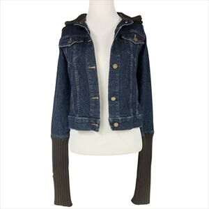 THEORY Kat Indy Denim Dark Wash Trucker Jacket w/ Wool Sweater Hood/Trim Size XS
